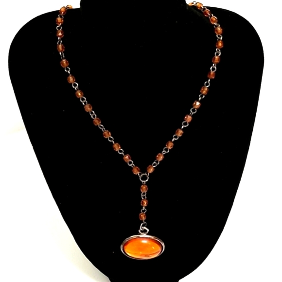 VINTAGE FAUX GLASS AMBER PENDANT BEADED CHAIN Y-SHAPED LARIAT 14-17" NECKLACE - Picture 1 of 9